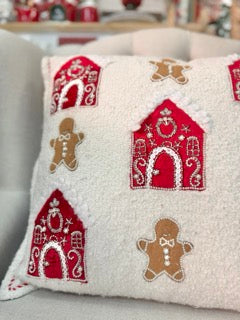 BLANC MARICLÒ Cuscino con Casetta e Omino Pan di Zenzero Ricamati e Applicazione di Corallini