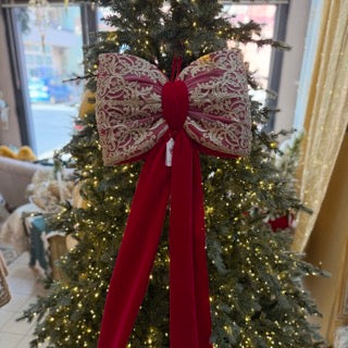 FIORI DI LENA Fiocco Rosso in Velluto con Lunghe Code e Pizzo Impero Dorato