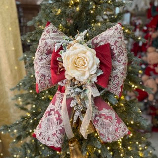 FIORI DI LENA Doppio Fiocco Rosso in Velluto con Rosa Pizzo e Campane