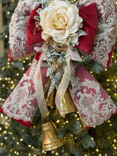 FIORI DI LENA Doppio Fiocco Rosso in Velluto con Rosa Pizzo e Campane