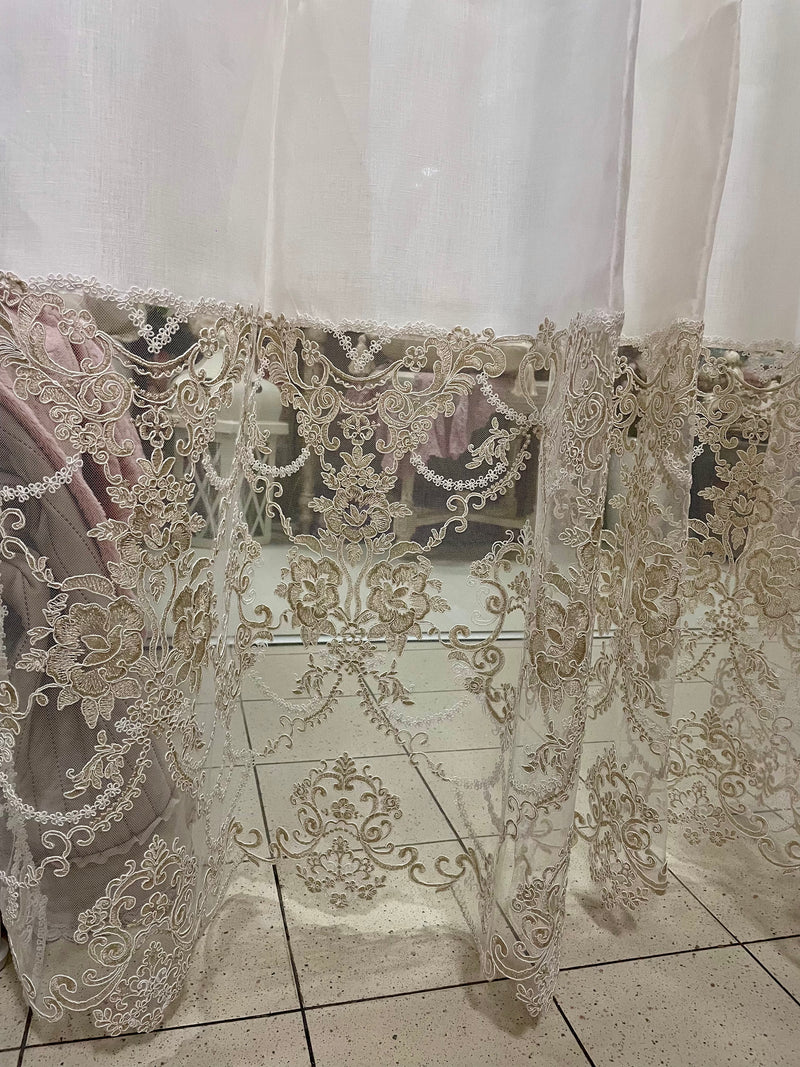 FIORI DI LENA Coppia Tende in Lino Bianco con Pizzo Laminato Champagne