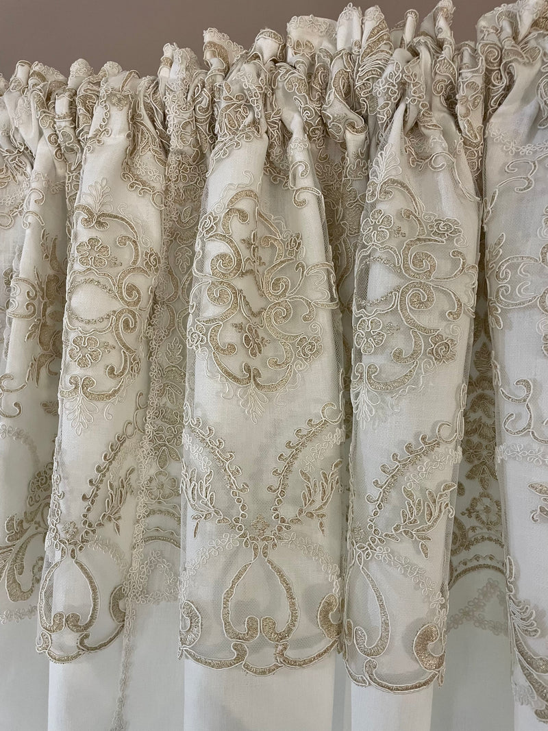 FIORI DI LENA Coppia Tende in Lino Bianco con Pizzo Laminato Champagne