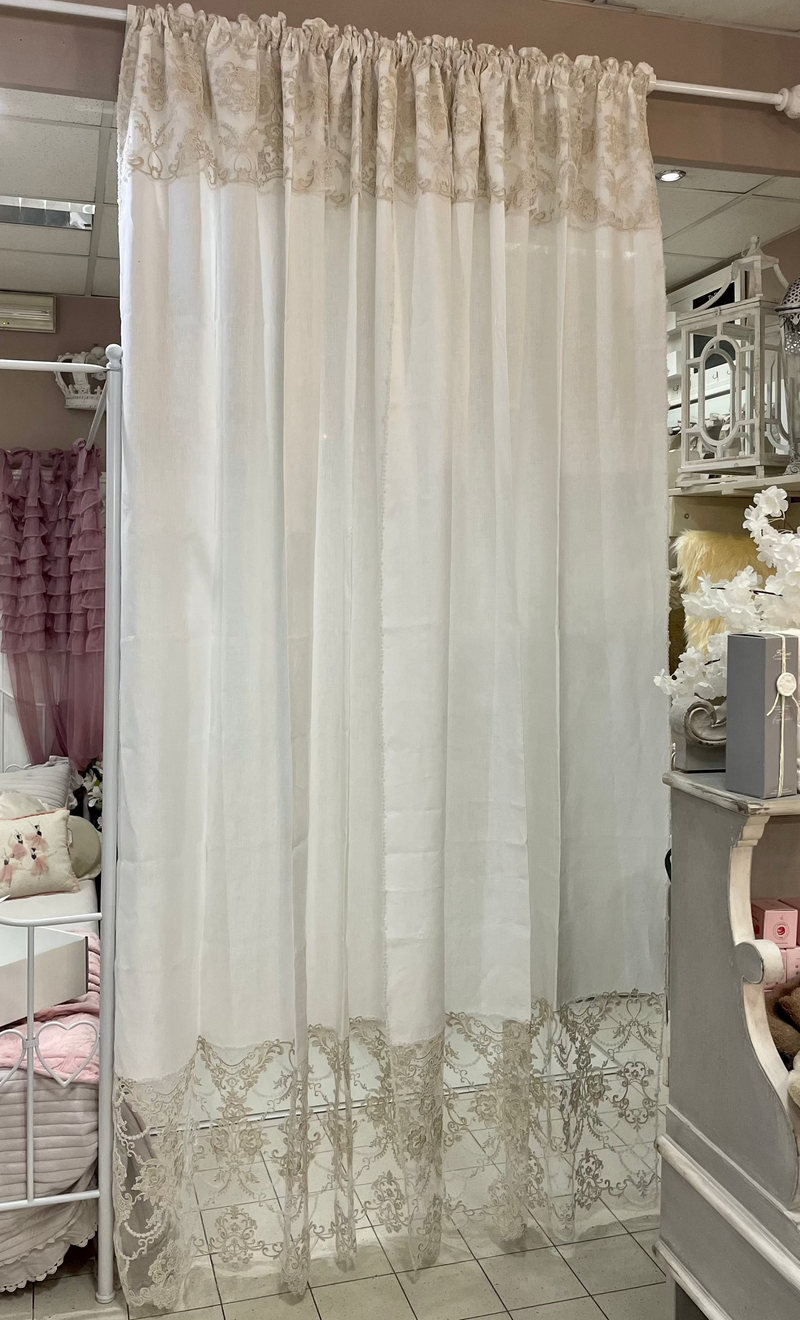 FIORI DI LENA Coppia Tende in Lino Bianco con Pizzo Laminato Champagne