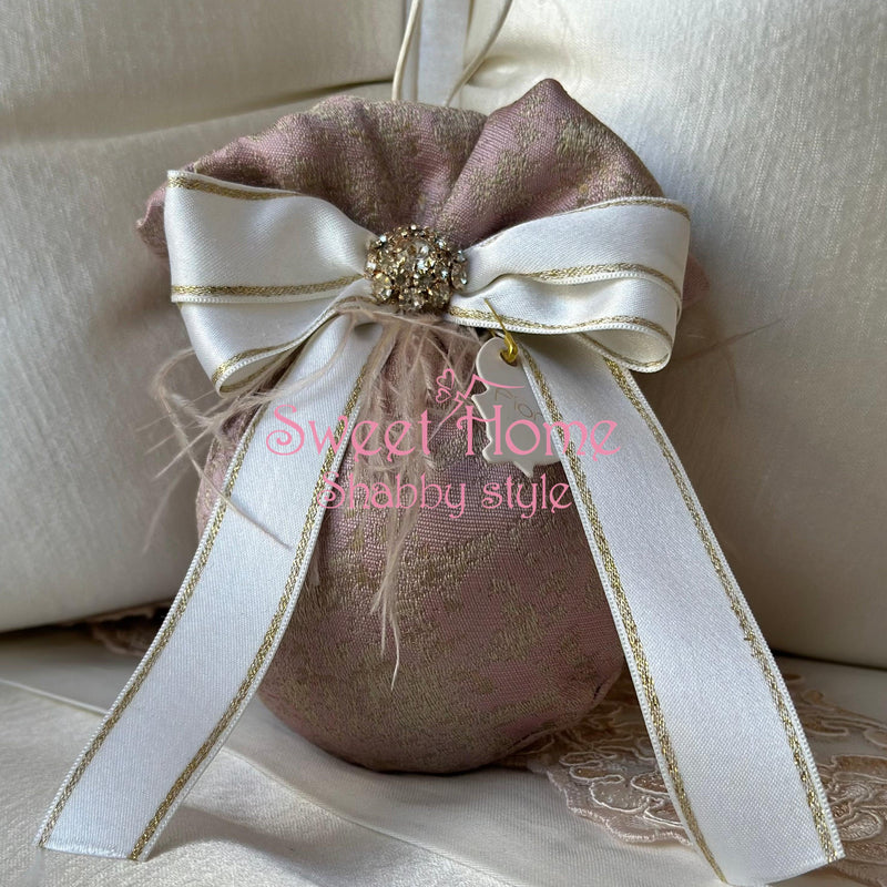 FIORI DI LENA Palla in Seta Rosa Antico con Bottone Gioiello e Piume