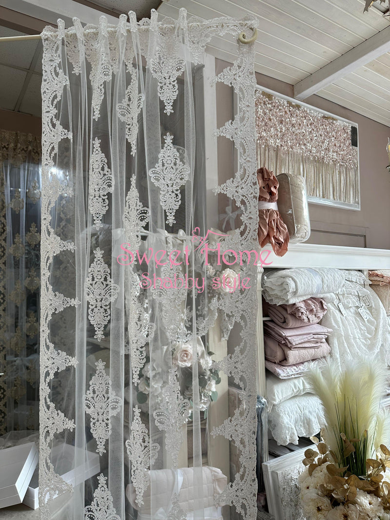FIORI DI LENA Coppia Tende in Tulle con Pizzo Bianco