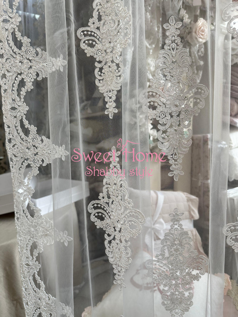 FIORI DI LENA Coppia Tende in Tulle con Pizzo Bianco