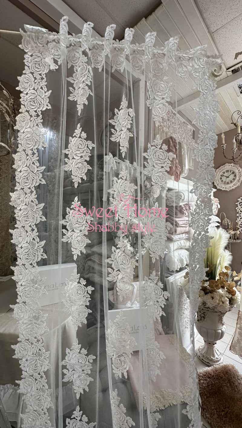 FIORI DI LENA Coppia Tende in Tulle con Pizzo Rose Bianco