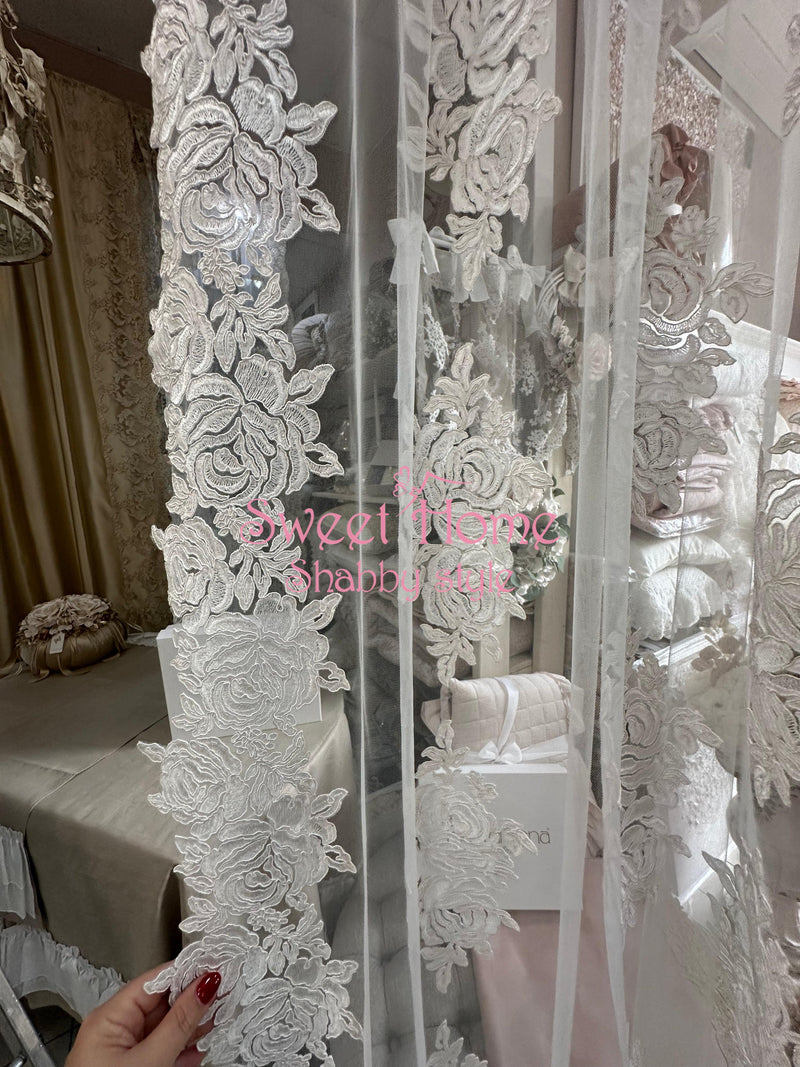 FIORI DI LENA Coppia Tende in Tulle con Pizzo Rose Bianco