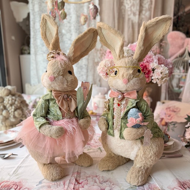 FIORI DI LENA Coppia Conigli 65cm con Uovo e Applicazioni Gioiello
