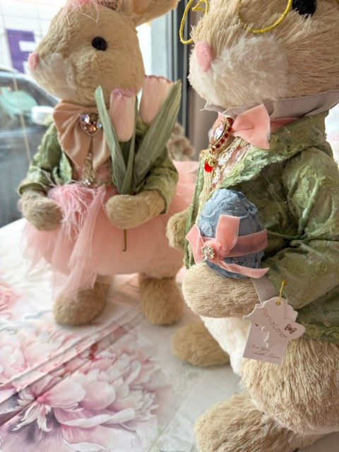 FIORI DI LENA Coppia Conigli 65cm con Uovo e Applicazioni Gioiello