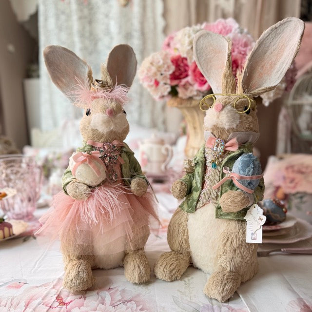 FIORI DI LENA Coppia Conigli 50cm con Uovo e Applicazioni Gioiello