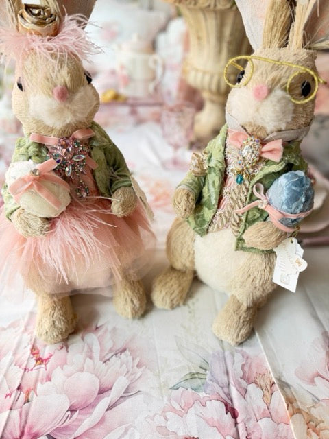 FIORI DI LENA Coppia Conigli 50cm con Uovo e Applicazioni Gioiello