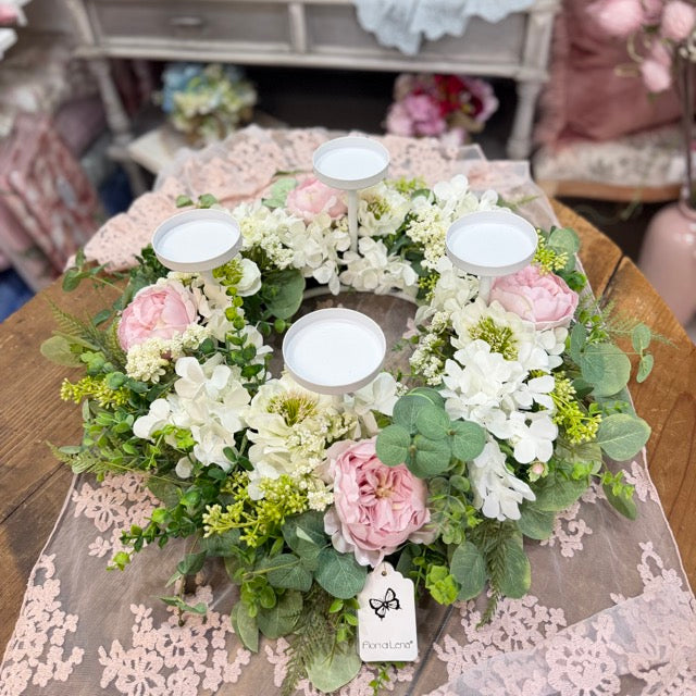 FIORI DI LENA Candeliere Centrotavola 4 Fiamme con Peonie e Decorazioni Floreali