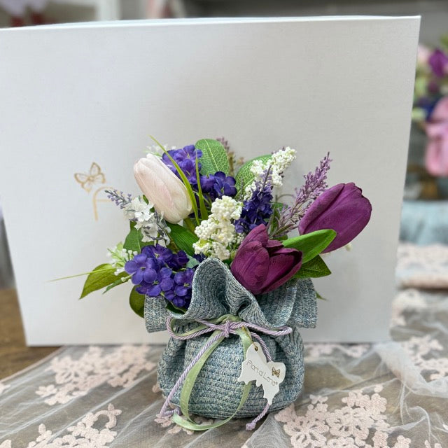 FIORI DI LENA Vasetto in Paglia Polvere con Decorazioni Floreali