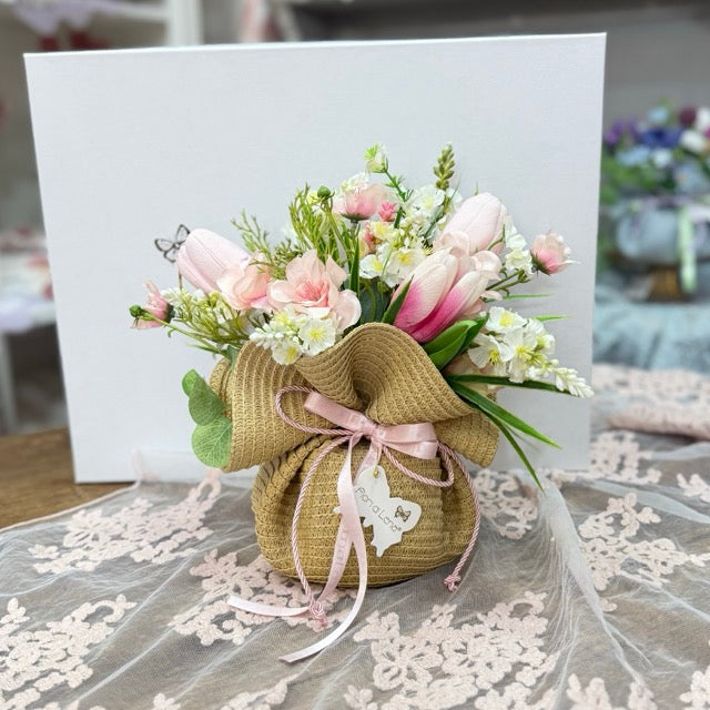 FIORI DI LENA Vaso in Paglia con Decorazioni Floreali