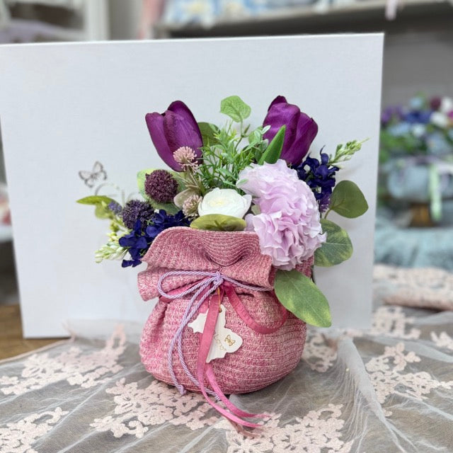 FIORI DI LENA Vaso in Paglia con Decorazioni Floreali