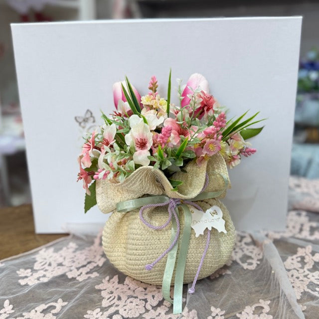 FIORI DI LENA Vaso in Paglia con Decorazioni Floreali