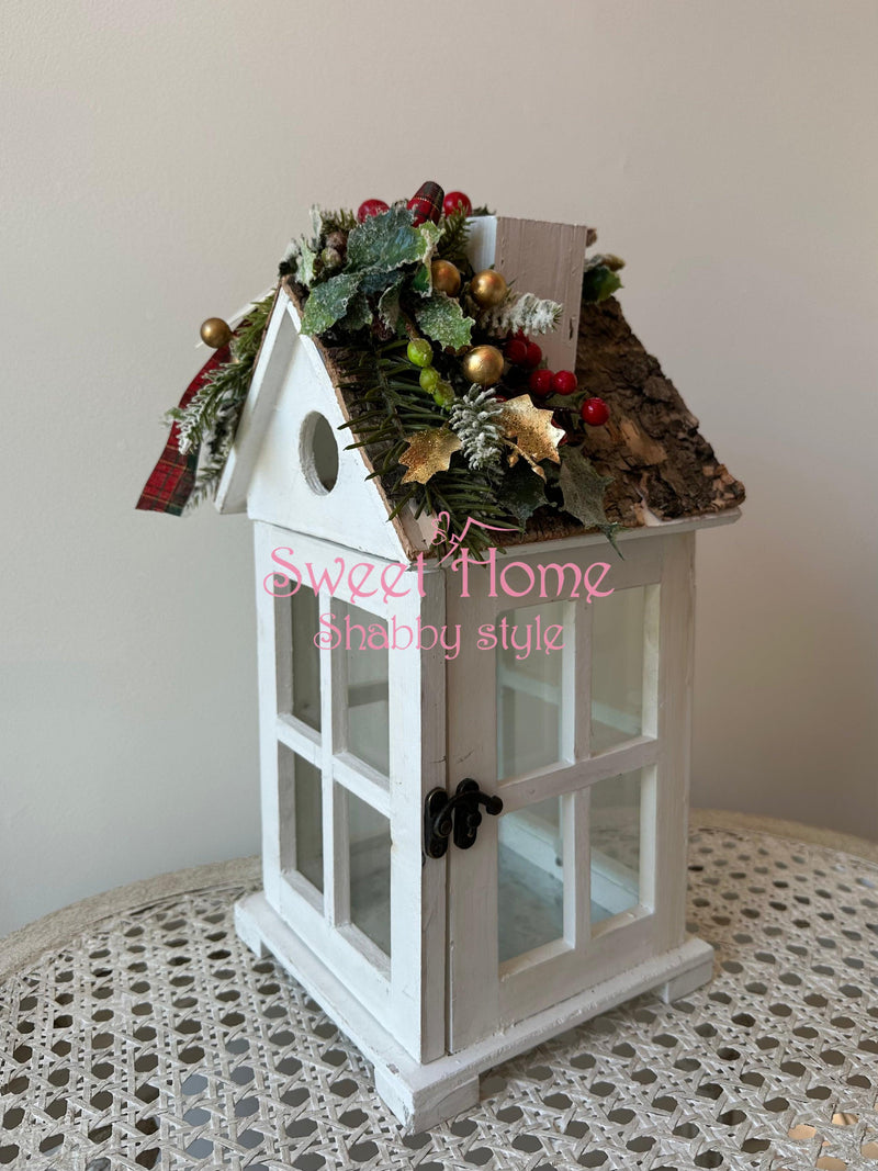 FIORI DI LENA Lanterna Casetta in Legno con Decoro Natalizio