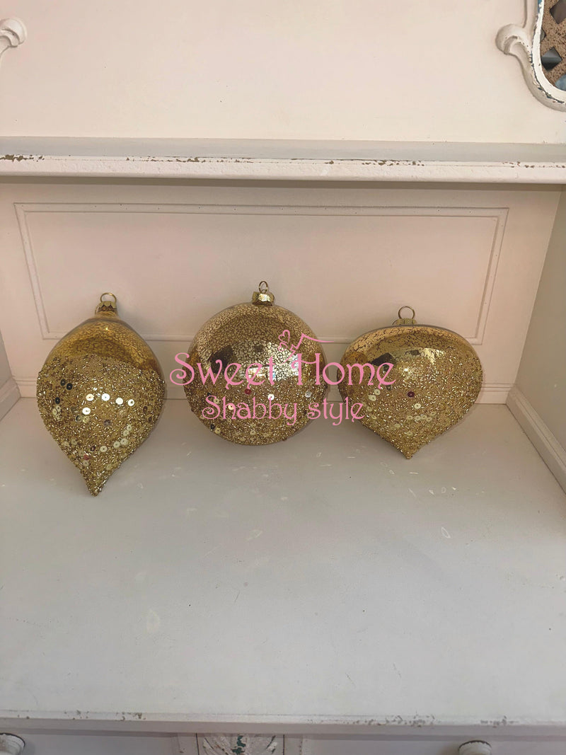 FIORI DI LENA Pallina Natalizia Grande in Vetro Dorato e Paillettes