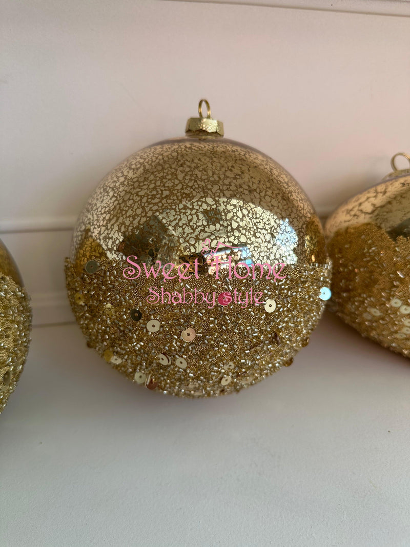 FIORI DI LENA Pallina Natalizia Grande in Vetro Dorato e Paillettes