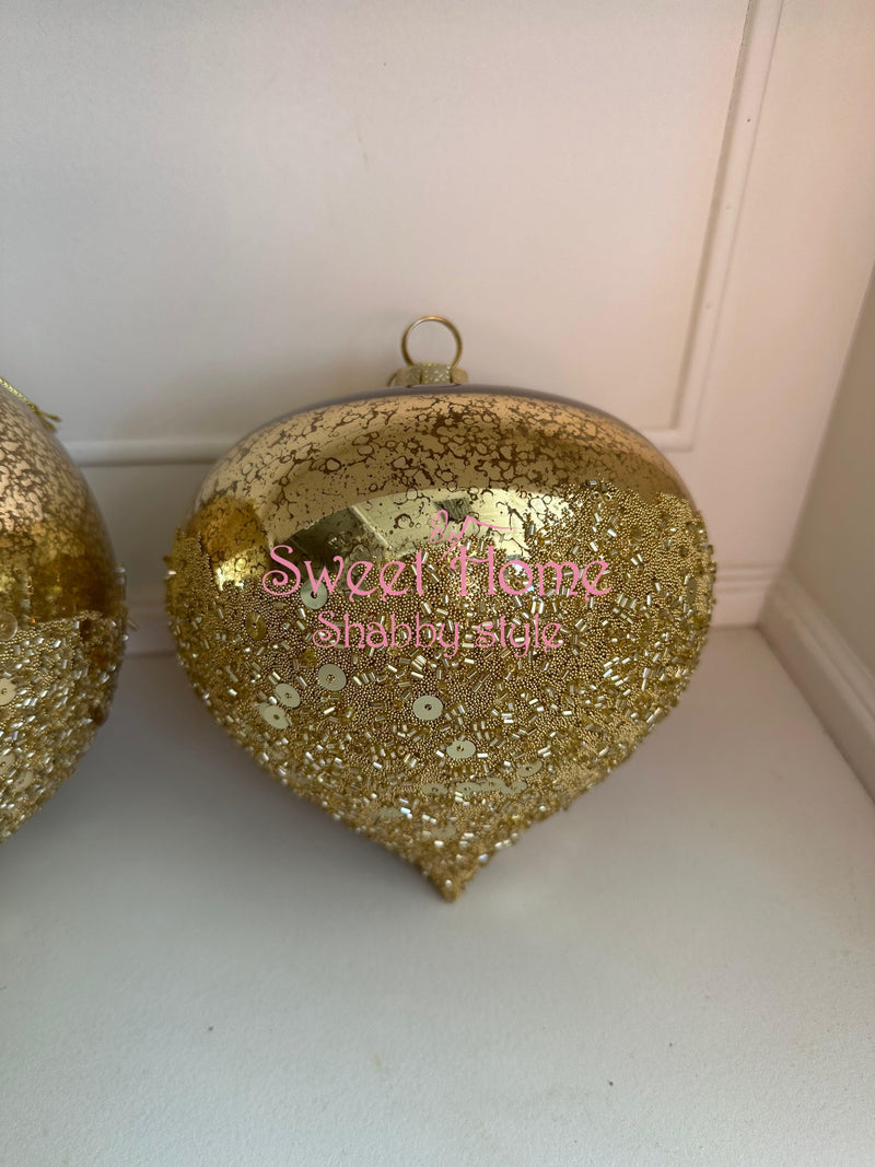 FIORI DI LENA Pallina Natalizia Grande in Vetro Dorato e Paillettes