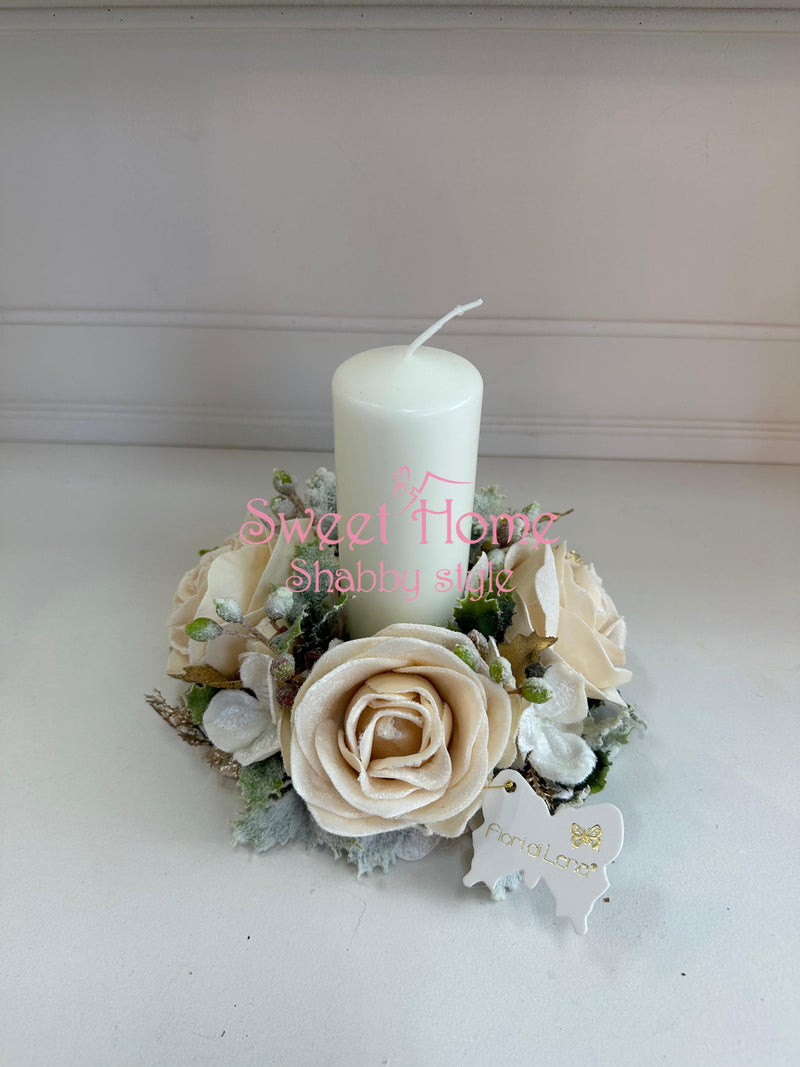 FIORI DI LENA Portacandela Natalizio con Rose Panna in Velluto