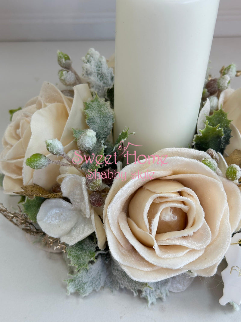FIORI DI LENA Portacandela Natalizio con Rose Panna in Velluto