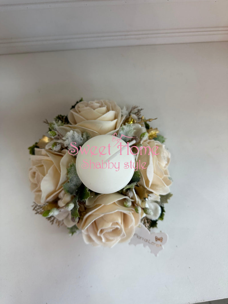 FIORI DI LENA Portacandela Natalizio con Rose Panna in Velluto