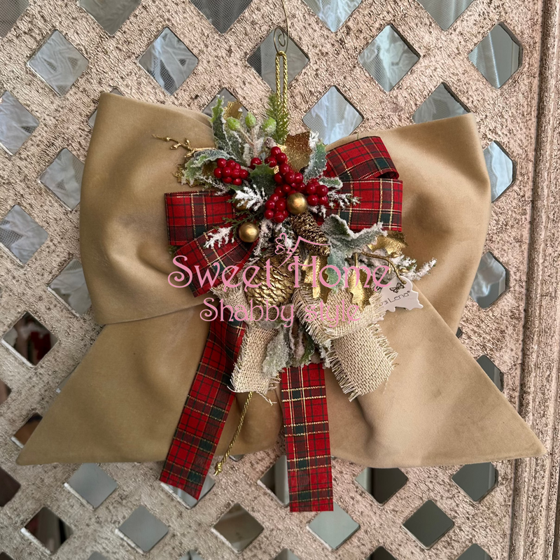 FIORI DI LENA Fiocco Beige in Velluto con Decorazioni Natalizie