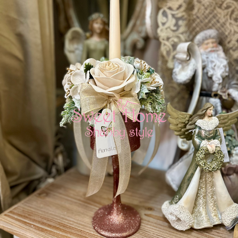 FIORI DI LENA Porta Candela con Rosa Panna in Velluto