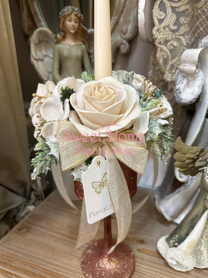 FIORI DI LENA Porta Candela con Rosa Panna in Velluto
