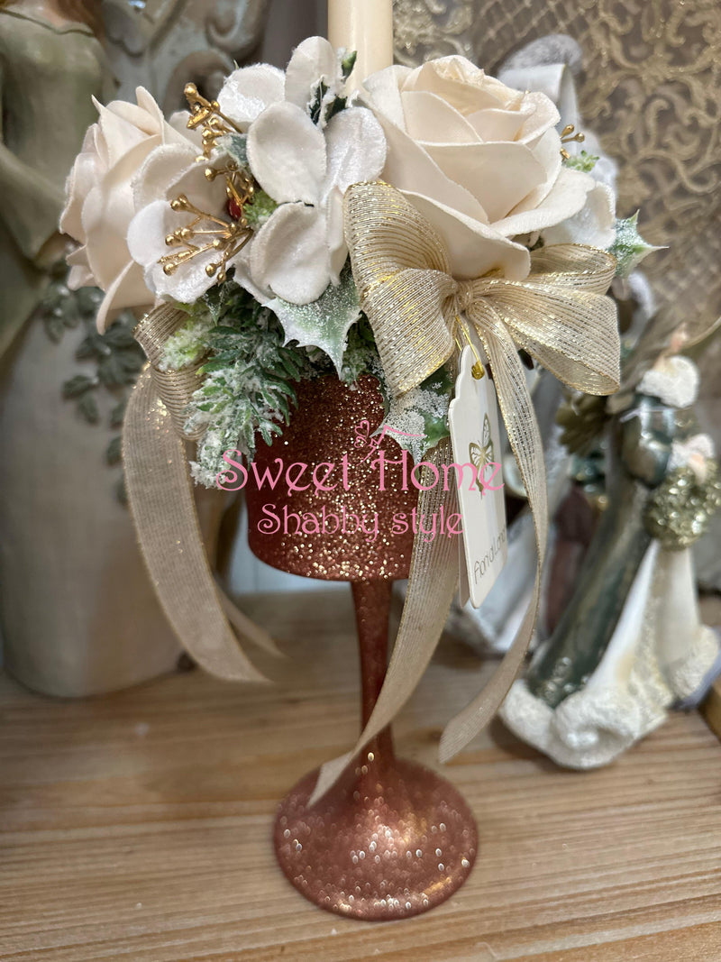 FIORI DI LENA Porta Candela con Rosa Panna in Velluto