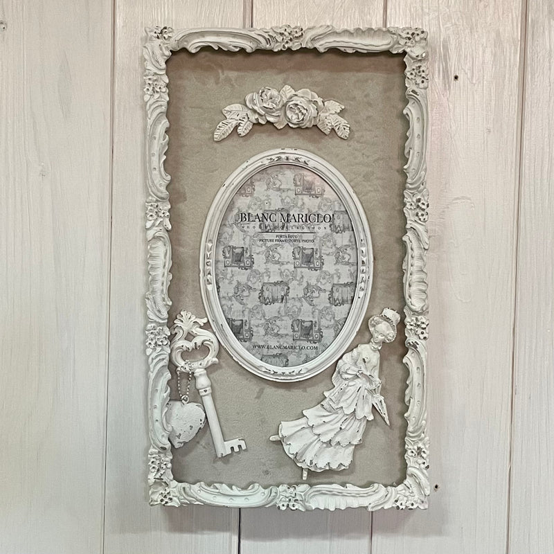 BLANC MARICLÒ Quadro Portafoto in Resina Avorio con Rose Dama Chiave e Cuore