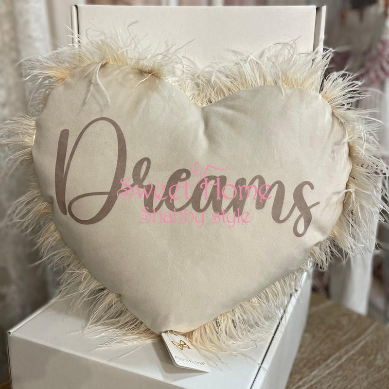 FIORI DI LENA Cuscino Cuore Nude con Piume e Scritta Dreams