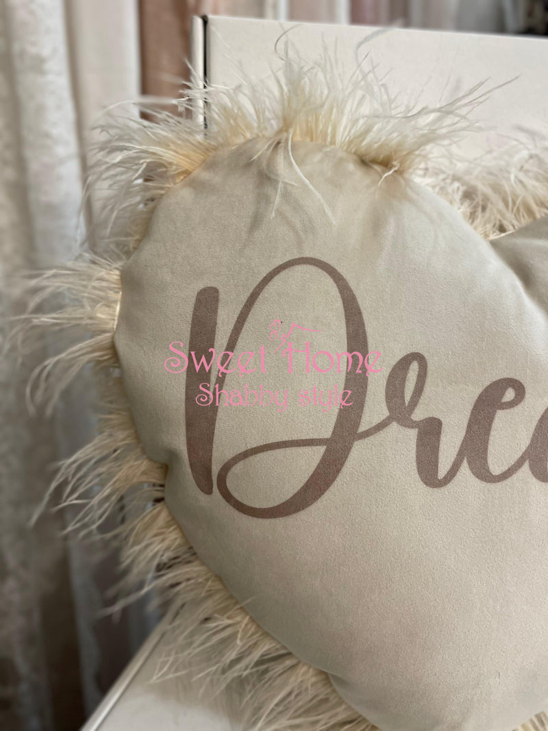 FIORI DI LENA Cuscino Cuore Nude con Piume e Scritta Dreams