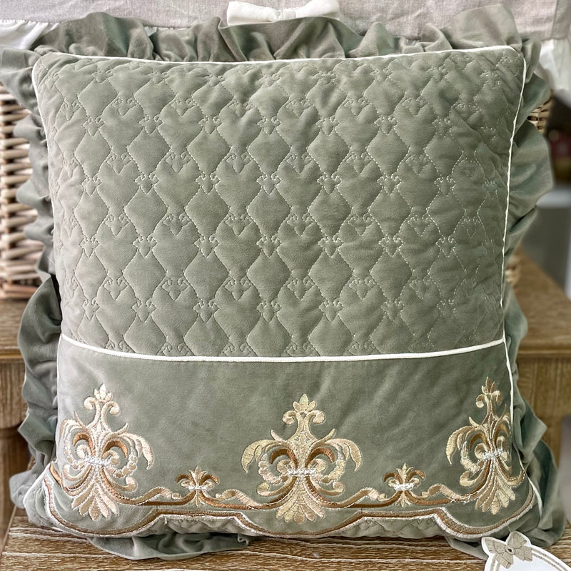 BLANC MARICLÒ Cuscino Verde Salvia in Velluto con Giglio Fiorentino Ricamato
