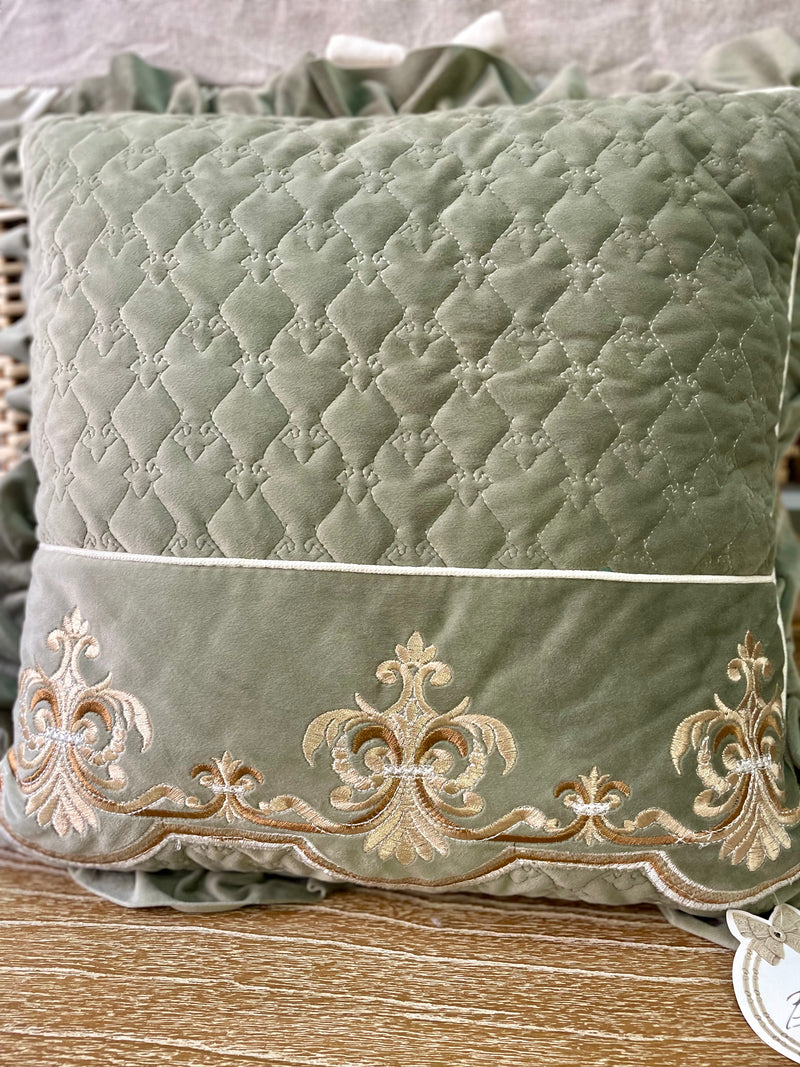 BLANC MARICLÒ Cuscino Verde Salvia in Velluto con Giglio Fiorentino Ricamato
