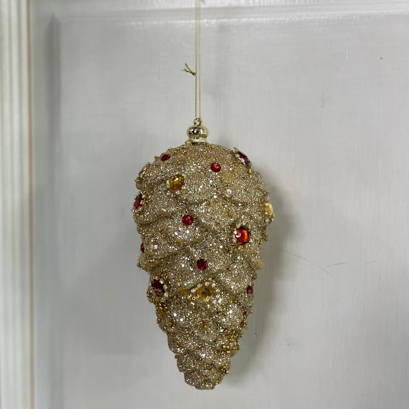 FIORI DI LENA Decoro Pigna Dorata Grande con Glitter Corallini e Strass