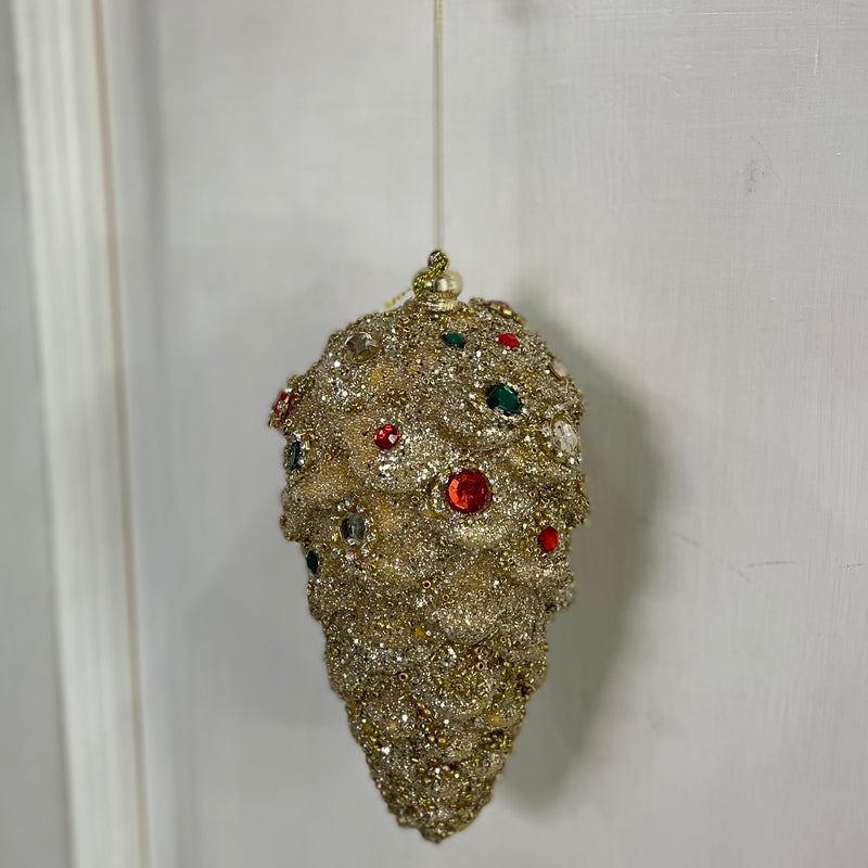 FIORI DI LENA Decoro Pigna Dorata Grande con Glitter Corallini e Strass