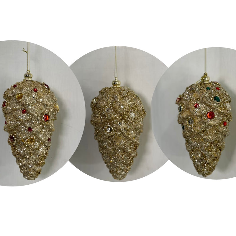 FIORI DI LENA Decoro Pigna Dorata Grande con Glitter Corallini e Strass