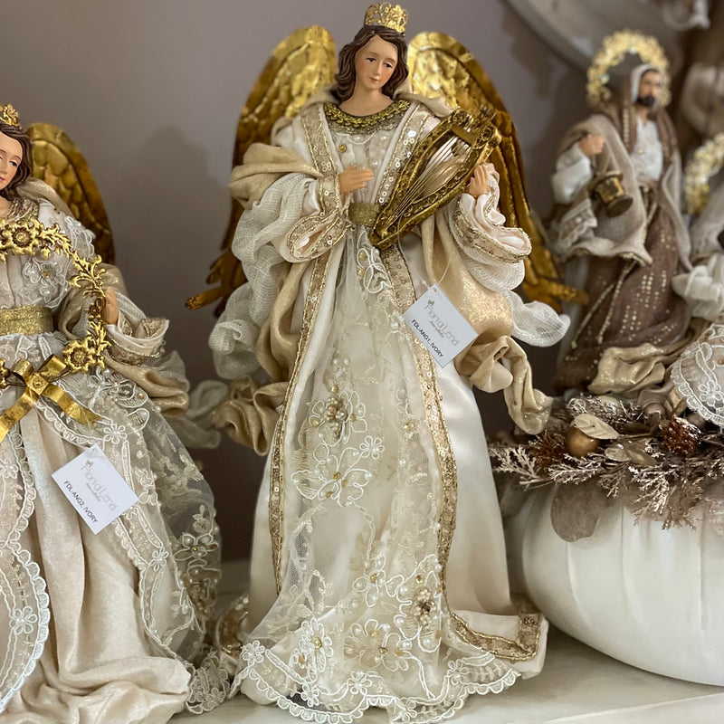 FIORI DI LENA Angelo con Lira su Base in Legno Abito Avorio e Dorato