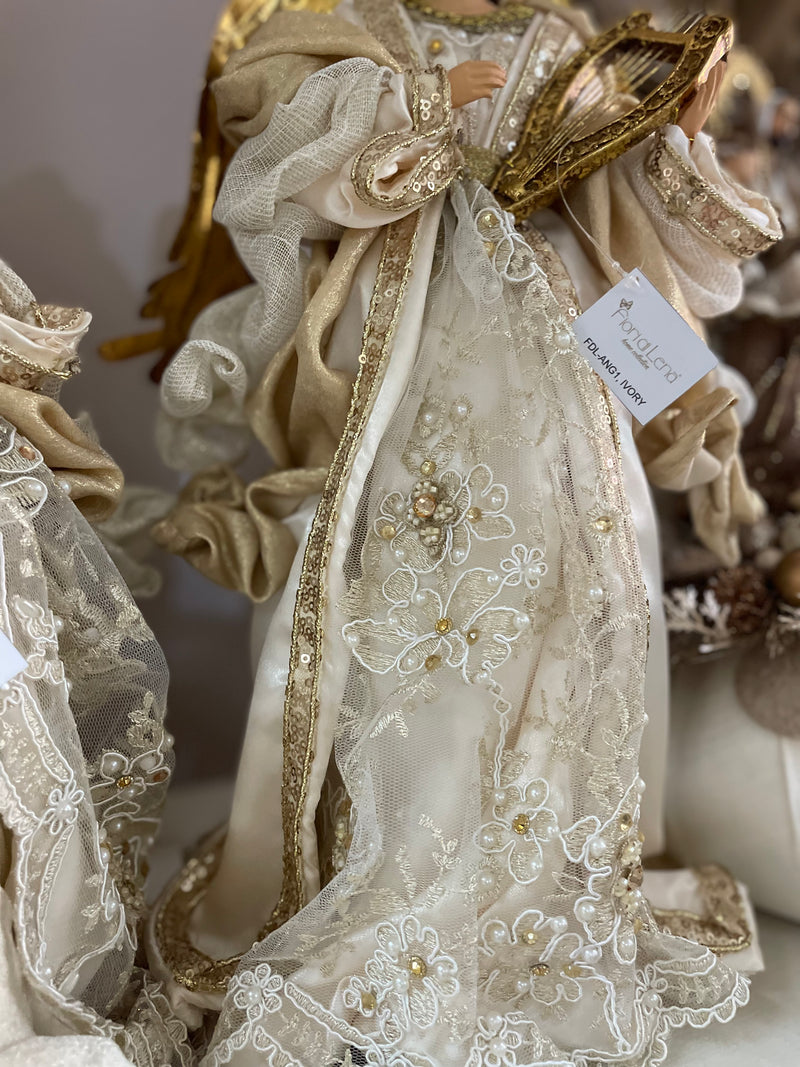 FIORI DI LENA Angelo con Lira su Base in Legno Abito Avorio e Dorato