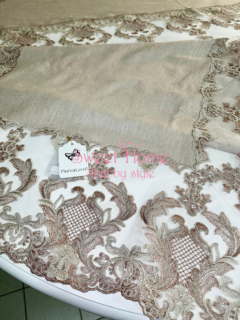 FIORI DI LENA Tovaglia in Lino e Doppio Pizzo Cognac