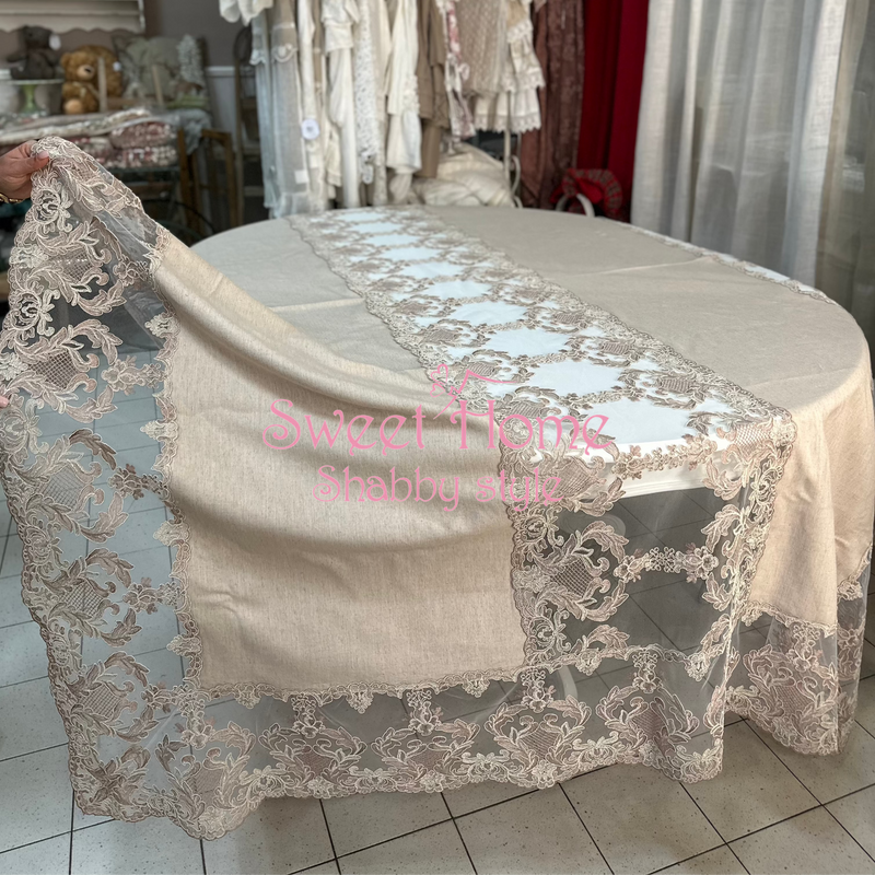 FIORI DI LENA Tovaglia in Lino e Doppio Pizzo Cognac