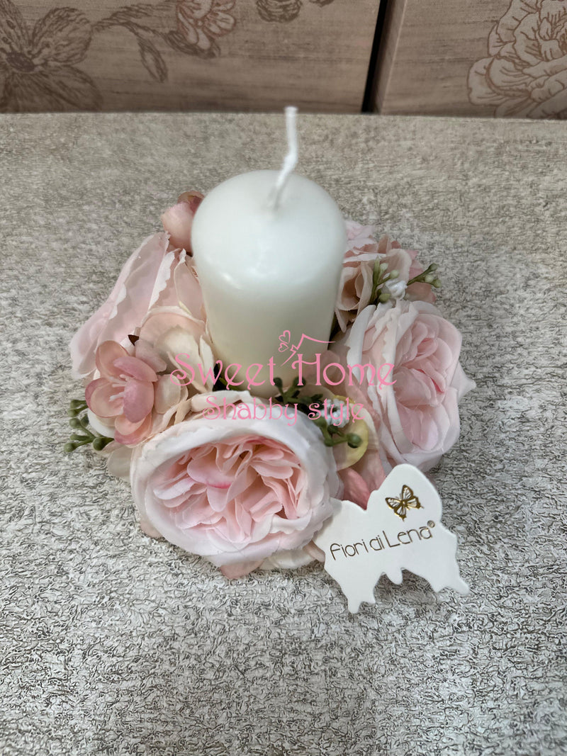 FIORI DI LENA Portacandela con Roselline e Ortensie Rosa