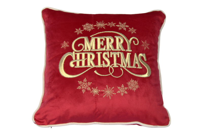 CLODETTE Cuscino Natalizio in Velluto con Scritta Ricamata " MERRY CHIRSTMAS " Rosso