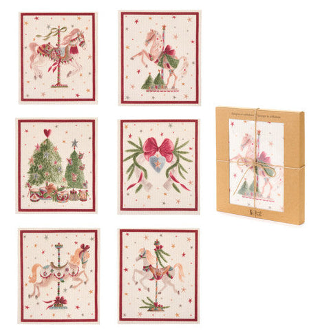 NUVOLE DI STOFFA Set 6 Spugne Natalizie in Cellulosa con Scatola "LA GIOSTRA DI AMELIE" con Cavalli e Fiocchi