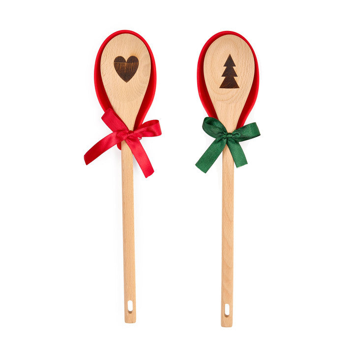 NUVOLE DI STOFFA Cucchiaio in Legno e Poggiamestolo in Silicone con Cuore o Albero