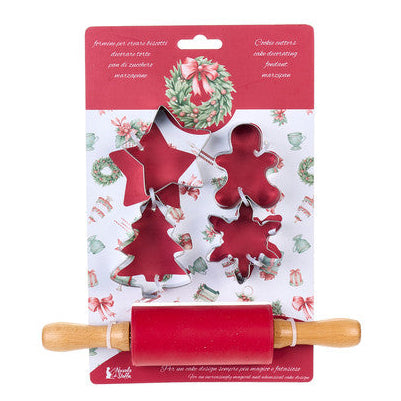 NUVOLE DI STOFFA Set 5 Stampini Natalizi in Metallo con Mattarello in Silicone