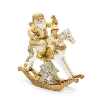NUVOLE DI STOFFA Babbo Natale su Cavallo a Dondolo in Resina Oro
